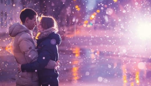 Couple embracing in falling snow at night with blurred city lights in the background.