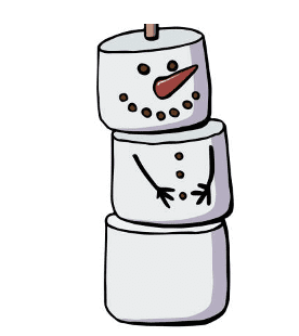 Marshmallow snowman with a carrot nose and button eyes