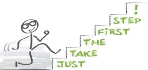 A stick figure with glasses walks up a set of stairs with the words "JUST TAKE THE FIRST STEP!" written on them.