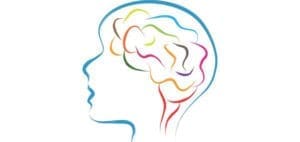 Outline of a head with a colorful, abstract brain inside