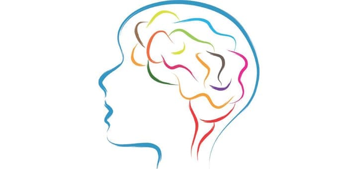 Outline of a head with a colorful, abstract brain inside