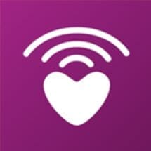 CaringBridge logo with a white heart and wifi signal on a purple background