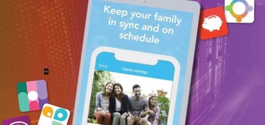 Tablet displaying a family photo and text "Keep your family in sync and on schedule.