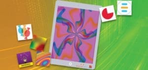 Tablet displaying abstract art surrounded by colorful icons.