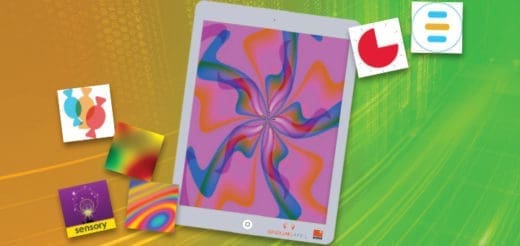 Tablet displaying abstract art surrounded by colorful icons.