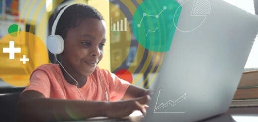 A young child wearing headphones uses a laptop with animated graphics overlayed.