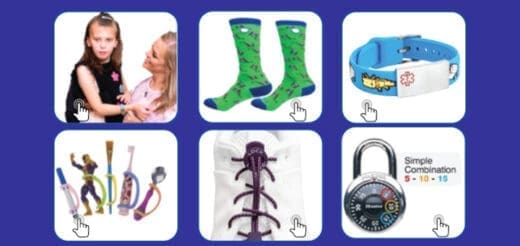 Six product images: a woman helping a child, green socks, a medical alert bracelet, assistive devices, shoe-lacing aids, and a combination lock.