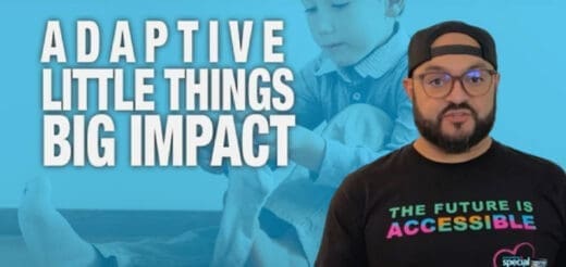 Man wearing a black t-shirt with the words "THE FUTURE IS ACCESSIBLE" stands in front of a blue background with text and a blurred image of a child.