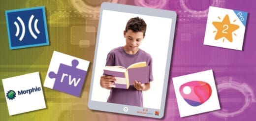 Tech tools to support literacy accommodations, including a boy reading on a tablet and app icons.