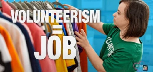 Volunteer organizing clothing on a rack with text overlay reading Volunteerism Equals Job.