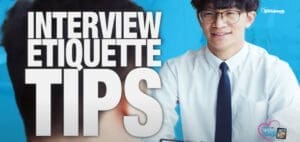 Interview etiquette tips graphic with a man in a white shirt and tie.