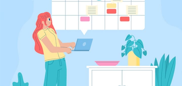 Woman using a laptop in front of a calendar with tasks.