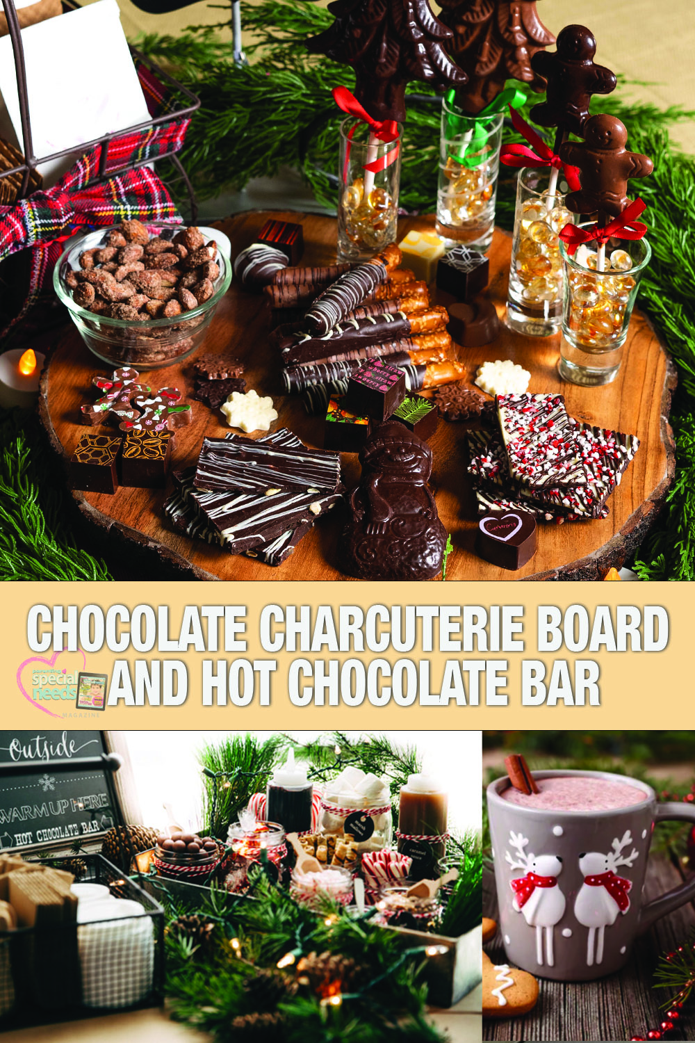 Chocolate charcuterie board with various chocolates, treats, and glasses filled with drinks, surrounded by greenery and festive decorations.