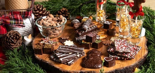Chocolate charcuterie board with assorted chocolates, nuts, and festive decorations.
