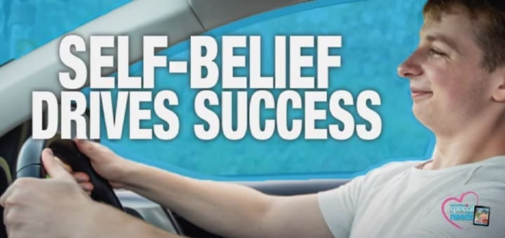 Young man driving with self-belief drives success text overlay.