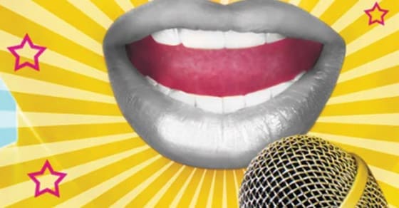 Mouth singing into a microphone with stars and a sunburst background.