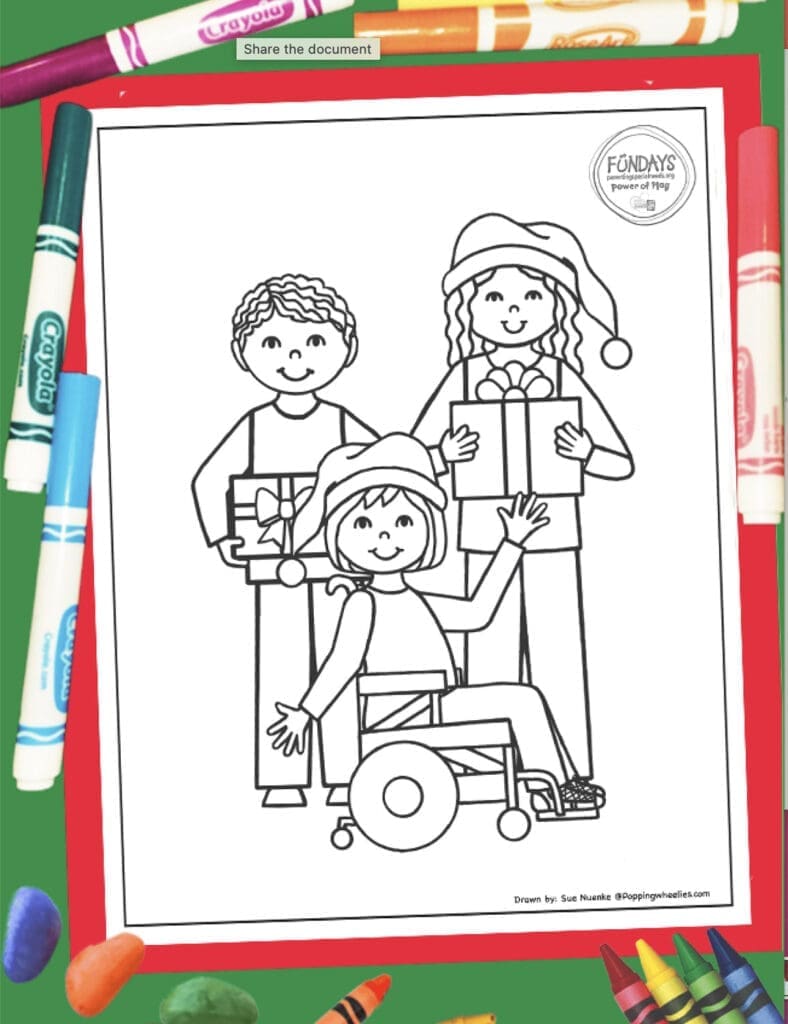 Christmas coloring page with three children, one in a wheelchair, holding gifts.