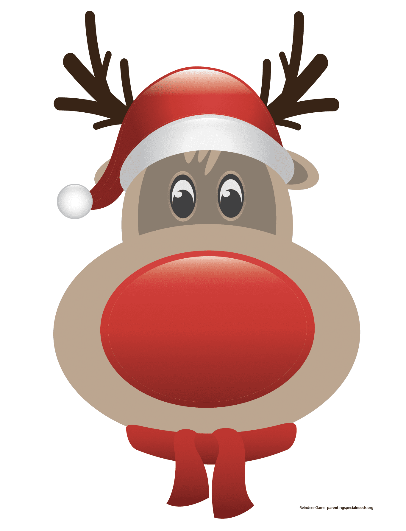Rudolph the red-nosed reindeer wearing a Santa hat and scarf