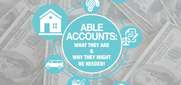 Infographic about ABLE accounts with icons for housing, transportation, and legal matters, set against a backdrop of US currency.