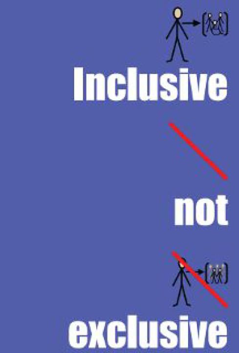 Diagram showing "Inclusive" with a stick figure interacting with a group, and "not exclusive" with a stick figure being crossed out while trying to interact with a group.