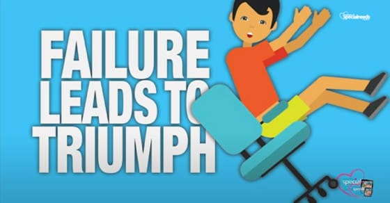 A cartoon boy in an office chair falls backwards as the words "FAILURE LEADS TO TRIUMPH" are displayed.