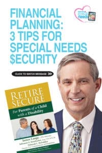James Lange smiles next to a book titled "Retire Secure For Parents of a Child with a Disability.