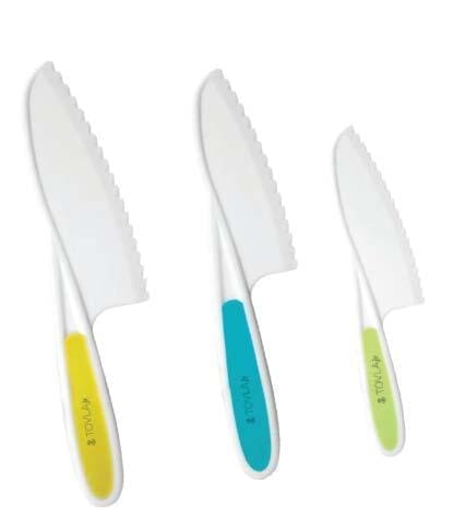 Three Tovla Jr. knives with yellow, blue, and green handles.