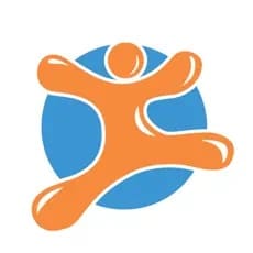 Orange figure with arms and legs outstretched in front of a blue circle.