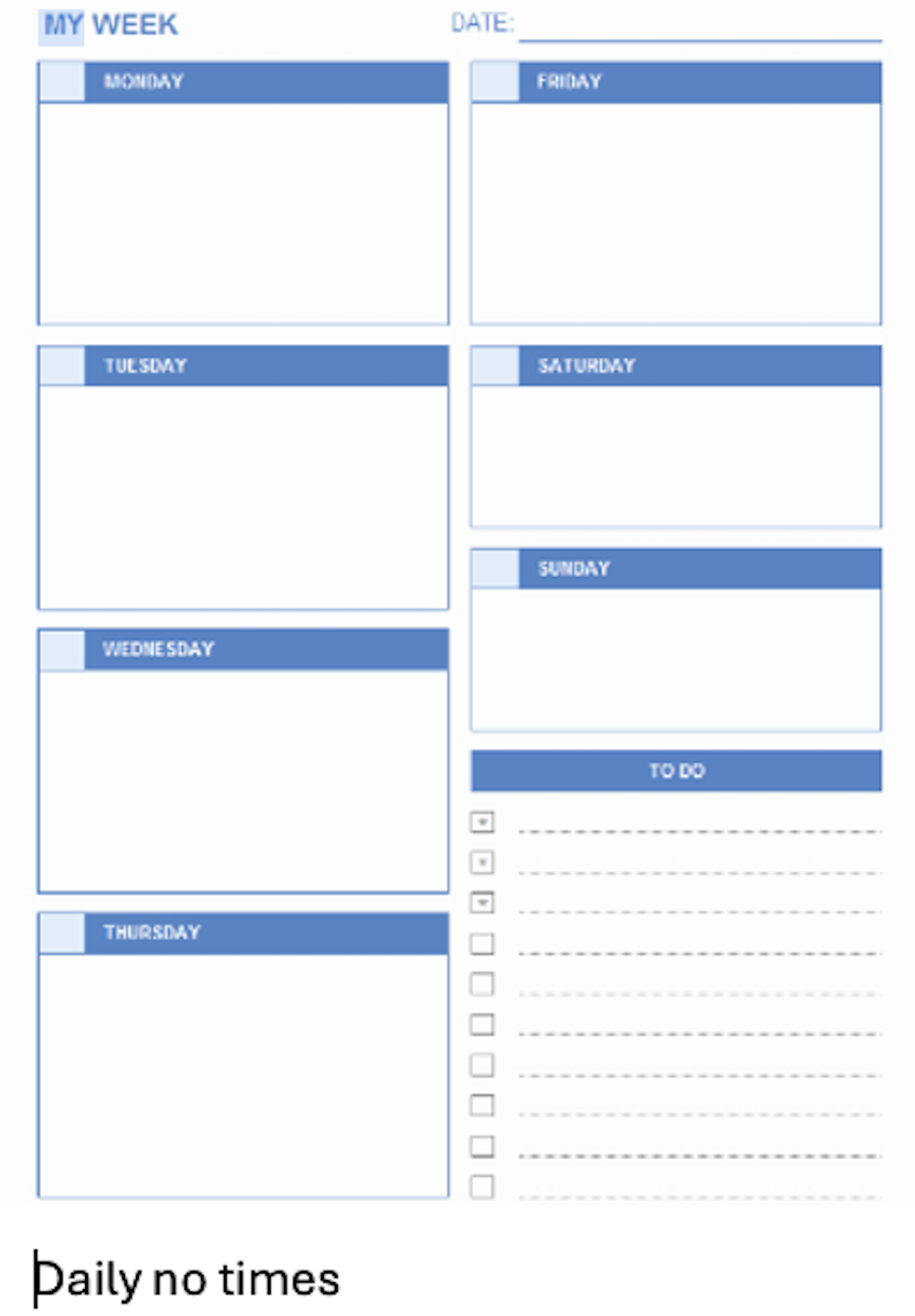 Weekly planner with sections for each day and a to-do list