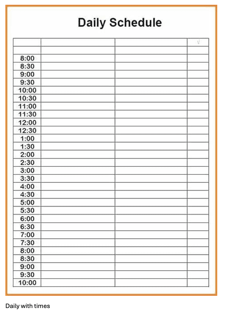 Daily schedule template with time slots from 8:00 AM to 10:00 PM