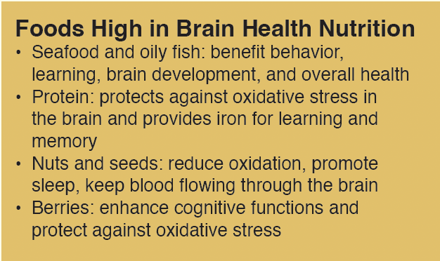 Foods high in brain health nutrition: seafood, protein, nuts, seeds, and berries.