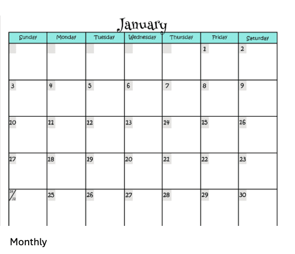 Calendar grid showing the month of January with days of the week labeled