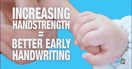 A child's hand is held by an adult's hand with text overlay "Increasing Handstrength = Better Early Handwriting".