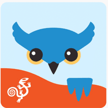 Blue owl with large eyes and orange and white lizard on a red background