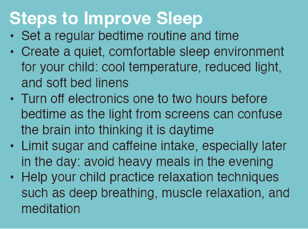 Steps to improve sleep: establish a routine, create a comfortable environment, turn off electronics, limit sugar and caffeine, and practice relaxation.