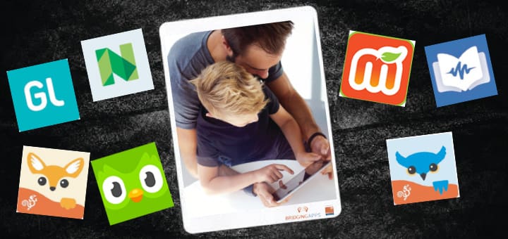 Collection of app icons surrounding a tablet showing an adult and child using a device.