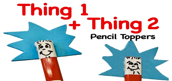 Thing 1 and Thing 2 pencil toppers with blue hair and drawn faces.
