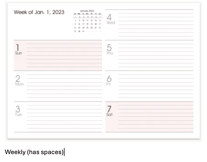 Weekly planner page showing dates 1-7 for January 2023