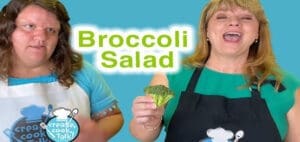 Two women with text "Broccoli Salad" between them.