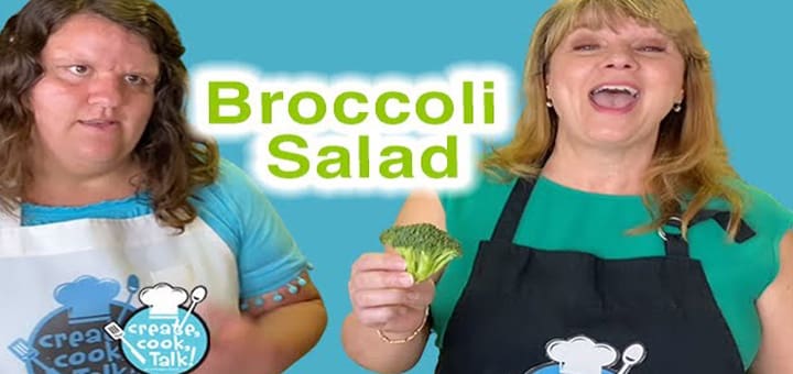 Two women with text "Broccoli Salad" between them.