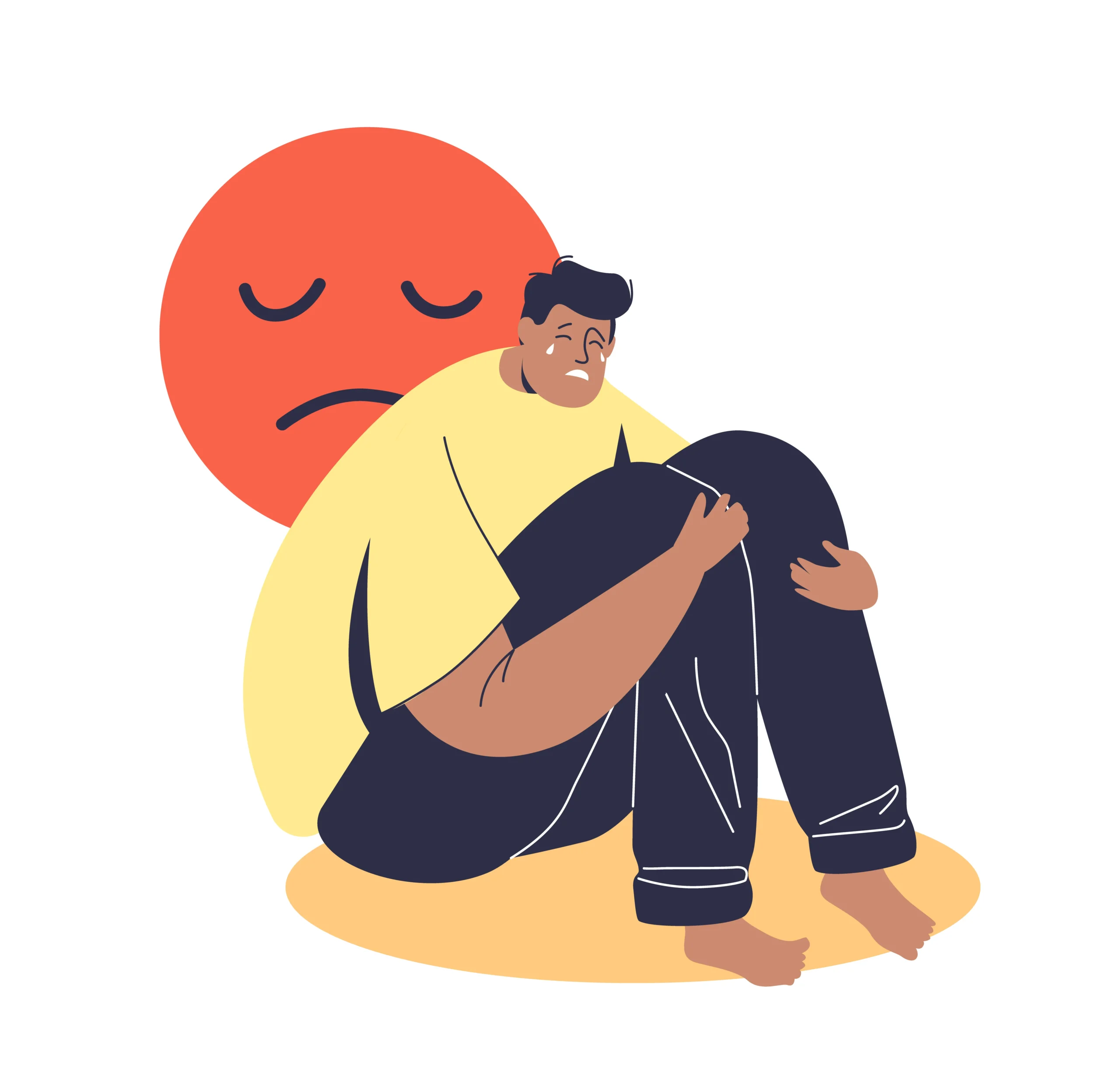 A person hunched over with a sad face emoji behind them.