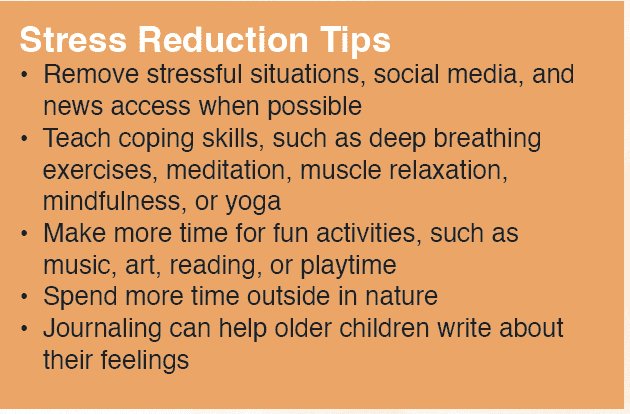 A list of stress reduction tips including removing stressors, teaching coping skills, making time for fun, spending time in nature, and journaling.