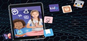 Tablet screen displays children meditating with app icons floating around it