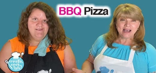 Two women and the text "BBQ Pizza" against a teal background.