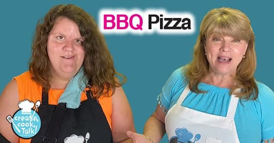 Two women in aprons with "BBQ Pizza" text above them.