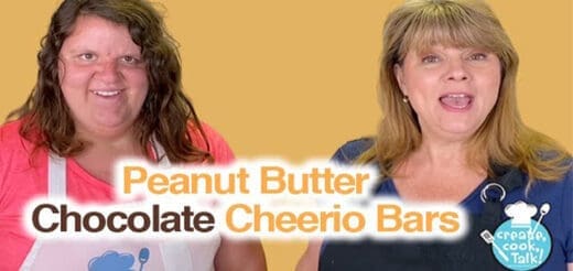 Two women smile against a yellow background with the text "Peanut Butter Chocolate Cheerios Bars" overlaid.