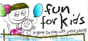 Illustration of two stick figures, one adult and one child, holding balloons with the text "fun for kids