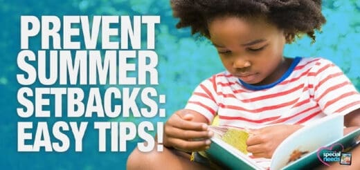 A child reads a book while text on the left says "PREVENT SUMMER SETBACKS: EASY TIPS!