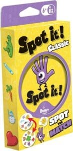 Spot It! Classic card game box featuring colorful cartoon symbols.