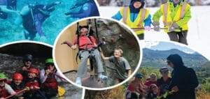 Collage of people participating in outdoor adventures like scuba diving, ziplining, rafting, and skiing.